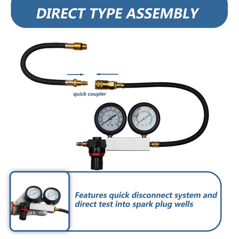 Front view of Bicos cylinder leak-down tester kit with dual gauges, brass fittings and black hoses