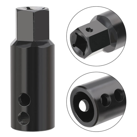 Heavy Duty Trailer Jack Drill Adapter Fits 1 Inch Shafts, black drill adapter with hex drive and holes for pin locking mechanism.