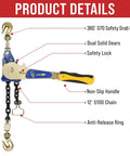 Two Pack Heavy Duty Ratchet Chain Binders 5/16 to 3/8 Inch With Swivel Grab Hooks And 5400 Lb Working Load Limit product details