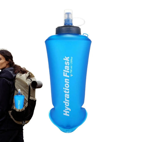 Foldable Hydration Bottle For Hiking And Running, 11.42 Inch Squeeze Bladder With Leakproof Caps attached to a backpack