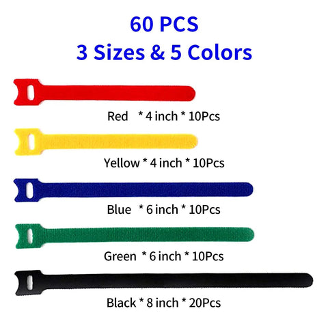 60 Pack Reusable Cable Ties Set With 8 Inch 20 Pieces 6 Inch 20 Pieces And 4 Inch 20 Pieces Dope Cord Straps, five colors shown.