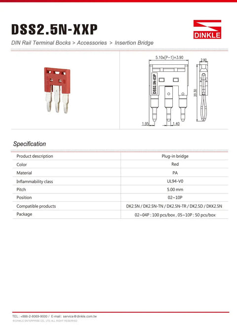 Dss 2.5N 05P Din Rail Terminal Block Press Fit Jumper Pack Of 10 Red For Industrial Electrical Panels And Control Systems Quick Clip Connection showing red PA plug-in bridge
