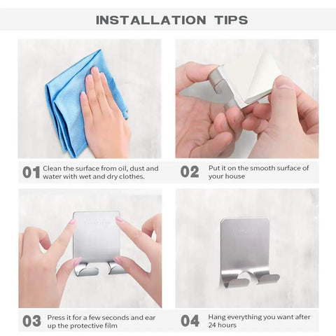 Installation steps for Heavy Duty Stainless Razor Holder Hook Set 2 Pack Self Adhesive No Tools Needed No Drill Bathroom And Kitchen Organizer.