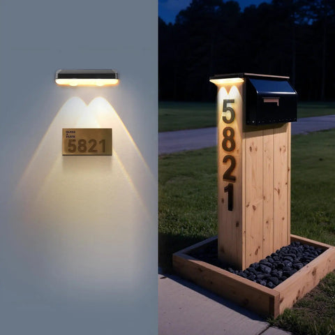 Heavy Duty Solar Wall Lights Outdoor Waterproof For Fence Or Mailbox Or Address Sign Offering Three Light Modes With Warm Daylight And Cool White Colors Using Wide Angle Focus Lens Delivering Kickass Yard Illumination illuminating mailbox and house number 5821.