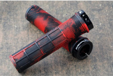Red and black textured grips with waffle pattern, single lock-on collar. Lock On Mountain Bike And BMX Grips Dope Non Slip Hand Hugging Comfort.