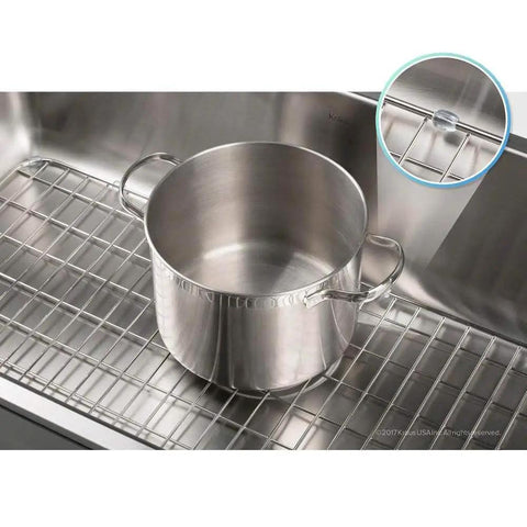 Stainless Steel Bottom Grid For KD1US33B Kitchen Sink Custom Fit Durable Chrome Plated Grid with pot on top and silicone bumper detail