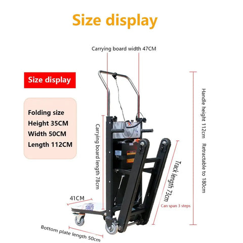 Heavy Duty Electric Stair Climber Trolley With Removable 48V Battery And Brushless Motor For Tough Jobs hauling Heavy Gear Up Or Down The Stairs Like A Pro size display with dimensions and features