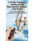 Mini 2.4G RC Sailboard With LED Lights Never Flip Design dual speed modes, showing remote control and sailboard on water