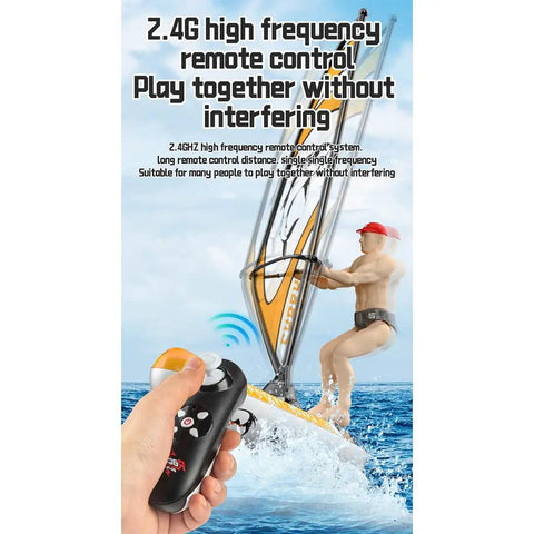 Mini 2.4G RC Sailboard With LED Lights Never Flip Design dual speed modes, showing remote control and sailboard on water