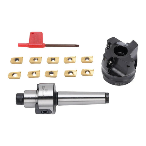 High Speed CNC Milling Cutter Kit With Indexable Carbide Inserts For Face Milling And Precision Machining On CNC Machines Built Tough For Long Lasting Performance Ready To Tackle Tough Materials, includes cutter, inserts, and wrench.