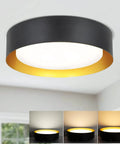 Eighteen Watt Flush Mount LED Ceiling Light, Dimmable Round 13 Inch Fixture with Black Exterior and Gold Interior in room setting