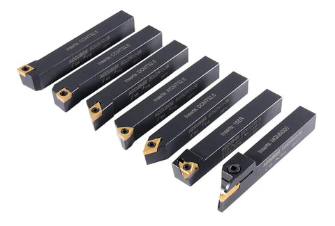 Five Eighths Inch Shank 7 Piece Indexable Turning Tool Set with TiN Coated C6 Carbide for Steel, MGMN300, 16ER, WCMT32.5, CCMT32.5, DCMT3 Inserts and 10 Extra Inserts.