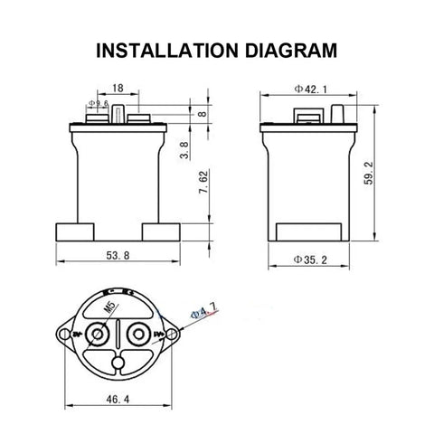 Installation diagram of Rock Solid Heavy Duty Dc Contactor Power Relay Switch featuring dimensions and mounting details.