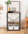 Solid Build Four Tier Wooden Storage Rack and Bakery Shelf for Your Kitchen or Living Room Featuring Rustic Industrial Charm Heavy Duty Microwave Oven Stand with No Sweat Assembly and Hella Tough Waterproof Finish placed in a cozy living space.