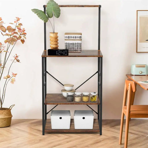 Solid Build Four Tier Wooden Storage Rack and Bakery Shelf for Your Kitchen or Living Room Featuring Rustic Industrial Charm Heavy Duty Microwave Oven Stand with No Sweat Assembly and Hella Tough Waterproof Finish placed in a cozy living space.