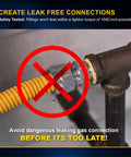 Twelve Inch Flexible Epoxy Coated Gas Line Connector For Space Heaters And Gas Logs With Three Eighths Inch OD And One Half Inch FIP To One Half Inch MIP Fittings Yellow Stainless Steel Corrosion Resistant showing leak warning