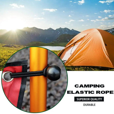 30 Pack 6 Inch Black Bungee Balls Heavy Duty Tarp Tie Downs Cords used on tent pole for camping setup outdoors.