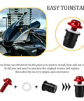 Tough As Nails Ten Piece Motorcycle Windshield Screw Bolt Kit With Red 5mm Mounting Fasteners And Heavy Duty Wrench shown with installation details.