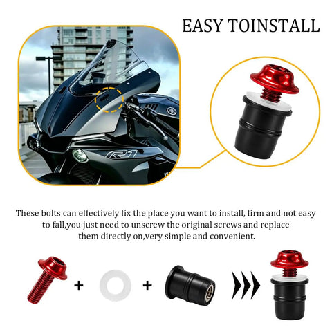 Tough As Nails Ten Piece Motorcycle Windshield Screw Bolt Kit With Red 5mm Mounting Fasteners And Heavy Duty Wrench shown with installation details.