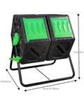 31 Gallon Dual Chamber Rotating Compost Bin With Tumbling Action No Dig Easy Turn Sliding Doors And Aeration System BPA Free Garden Compost Tumbler For Quick Effortless Mix Bright Orange, shown from side view with measurements visible.