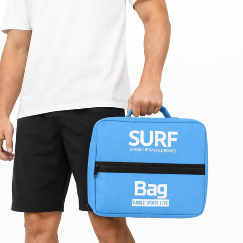 Person holding blue Insulated Cooling Pack for Seaside Adventures and Water Sports, Anti Splash Storage Pouch for Stand Up Paddleboards.