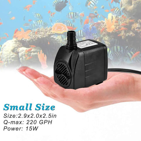Whisper Quiet Submersible Fountain Pump 220 GPH held in hand with colorful aquarium backdrop