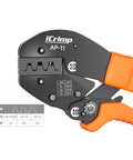 Power Wire Crimping Tool For 15, 30, And 45 Amp Quick Disconnect Terminals with orange handles, visible jaw settings.