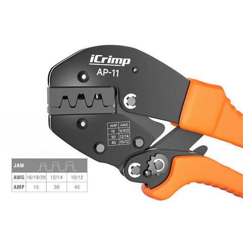 Power Wire Crimping Tool For 15, 30, And 45 Amp Quick Disconnect Terminals with orange handles, visible jaw settings.