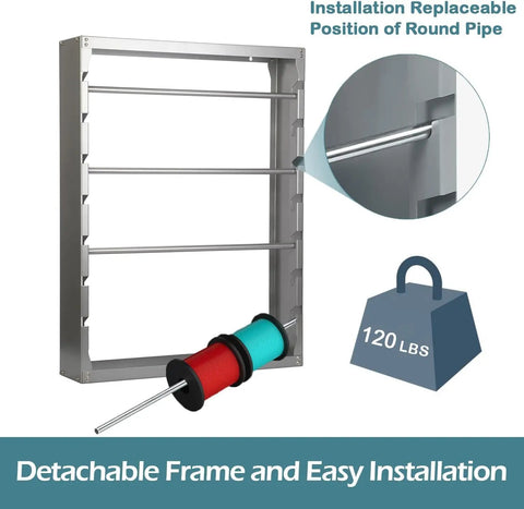 Heavy-Duty Wire Spool Rack Wall Mount With Four Adjustable 5/8 Inch Rods, cold-rolled steel, max 120 lbs, detachable frame
