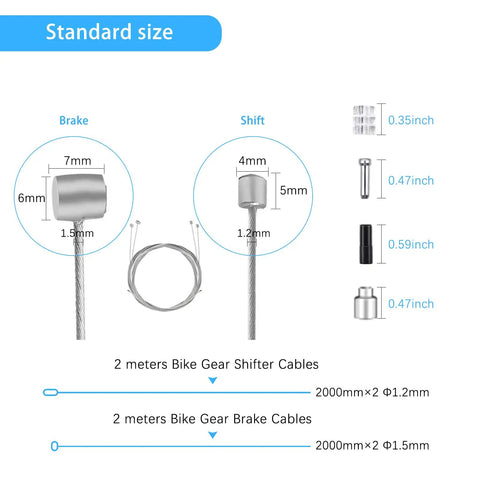 Diagram showing Universal 2M Bike Brake And Gear Shifter Cable Set For Mountain Bikes With End Caps Ferrules O Rings And Housing.