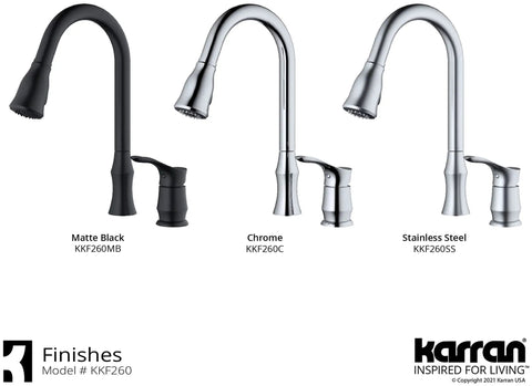 Hillwood Single Handle Two Hole Kitchen Faucet With Pull Down Sprayer Chrome Finish No Fuss One Hand Operation shown in three finishes