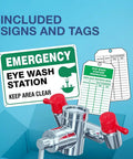 Emergency Eyewash Faucet Attachment For Quick Flush OSHA Approved Kit with sign, inspection tags, and adapters shown