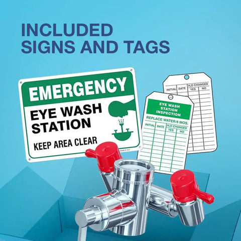 Emergency Eyewash Faucet Attachment For Quick Flush OSHA Approved Kit with sign, inspection tags, and adapters shown