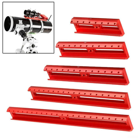 Red 260mm Aluminum Dovetail Finder Base Extension Rail For Telescope Rig, Adjustable Slot Guide Mount, precise alignment shown