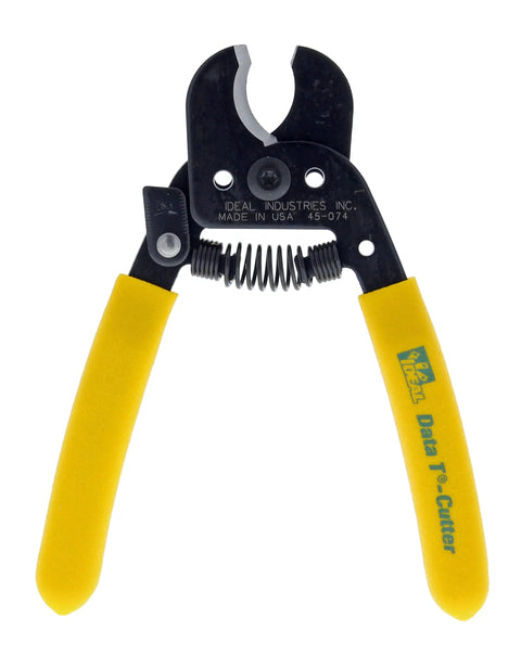 Hella Versatile Data T Cutter Wire Tool For Structured Networks And Coax Cables Up To Rg 11, lightweight with yellow handles and wide jaw.