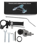 Heavy Duty Electric Drill Metal Plate Cutter Attachment with handle, shears, and tools for sheet metal cutting.