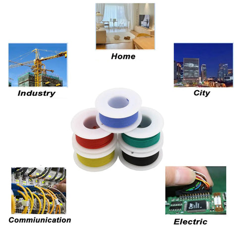 30 AWG Tinned Copper Silicone Hook Up Wire Multicolor Set, 10M Per Color Red Blue Green Yellow Black, 600V Stranded Electrical Cable For DIY Electronics And Electrical Projects shown in rolls with applications like home and industry.