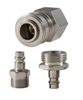 RV Exterior Quick Connect Hose Fitting With One Half Inch Shower Hose Adapter And Three Quarter Inch Garden Hose Adapter For Easy Outdoor RV Exterior Shower Faucet Setup Quickly Connect Shower And Garden Hoses In Brushed Nickel; image shows fittings in solid brass with brushed nickel finish