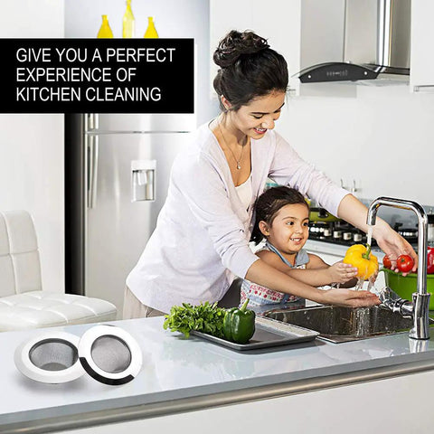 Family using Heavy-Duty Kitchen Sink Strainer Set, 2 Dope Stainless Steel Mesh Drain Screens With Wide Rim in a modern kitchen