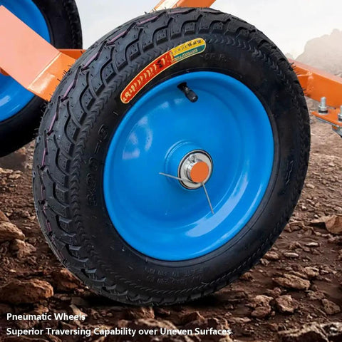 55 Gallon Drum Dolly With 16 Inch Pneumatic Tires Built Tough Heavy Duty Steel Hand Truck For 1000 Lb Loads All Terrain Mobility Four Wheel Drum Carrier For Warehouse Or Shop, close-up wheel