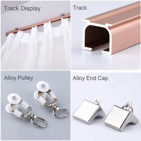 Built Tough Aluminum Sliding Barn Door Track System Adjusts From 2.3 To 19.6 Ft showing track, alloy pulleys, and end caps.