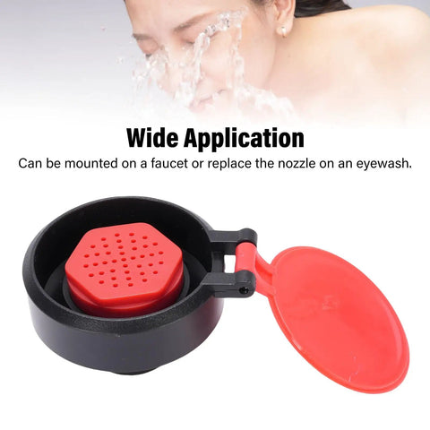 Replacement Eye Wash Spray Head With 14mm Thread, close-up of red high flow nozzle, industrial lab safety equipment.