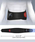Cordless Heating Pad With Massager For Lower Back Pain Relief shown on person, adjustable strap, digital display, no cords wireless portable heat pad on the go