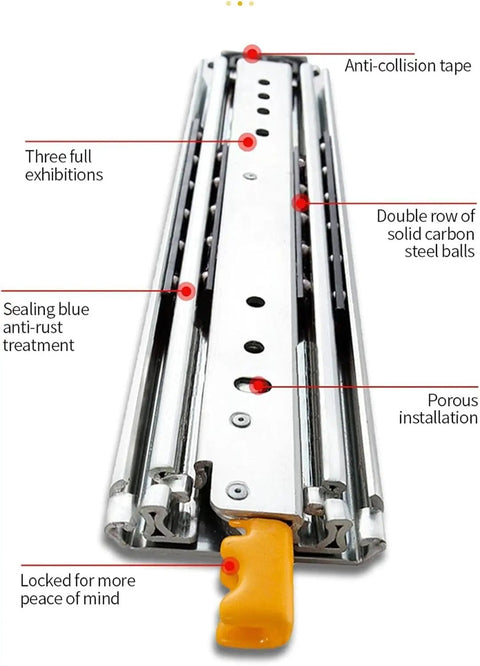 Heavy Duty Drawer Slides With Secure Locking Mechanism industrial furniture hardware rails detailed view of steel track features and lock.