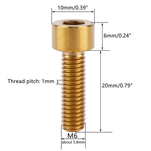Titanium Bike Bolt M6 X 20mm Hex Set Gold Finish, showing dimensions, ideal for cranks, derailleurs, and seat posts.