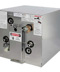 Bulletproof 6 Gallon Water Heater Built Tough For Marine And Rv Use On 120 Volts, stainless steel with warning labels, features hot water connections.