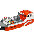 One Thirty Second Scale RC Rescue Boat For Grown Ups With 2 4G Remote, orange and white hull, side view realistic mini model