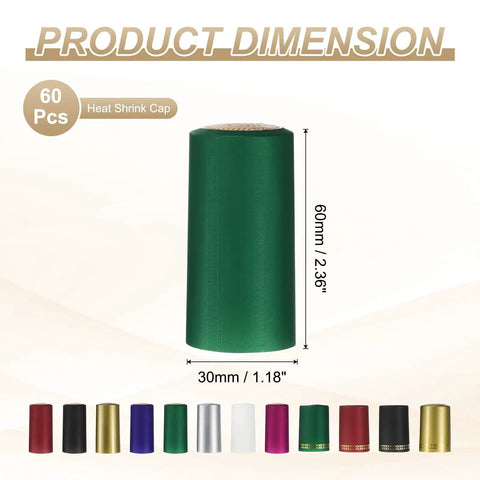 Top Shelf Green Pvc Heat Shrink Bottle Caps 60 Pack 30X60Mm Wine Sealer Wraps For Spirits displayed with dimensions.