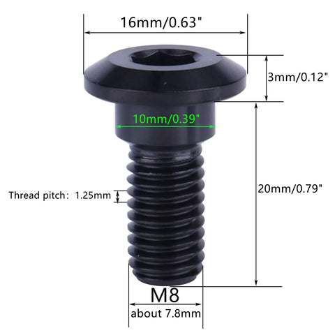 Detailed view of a single black bolt from Six Pack M8 X 20mm Titanium Rear Brake Rotor Bolts Kit For Yamaha Motorcycles, showing dimensions