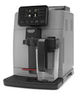Automatic Espresso And Over Ice Coffee Maker With Professional Auto Milk Frother For Bold Iced Refreshers And Daily Grind Dominance In Sleek Moonlight Grey, front view with milk carafe.